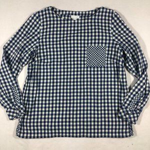 J.Jill Top Womens Medium Gingham Check Plaid Popover Top Pocket Blue White